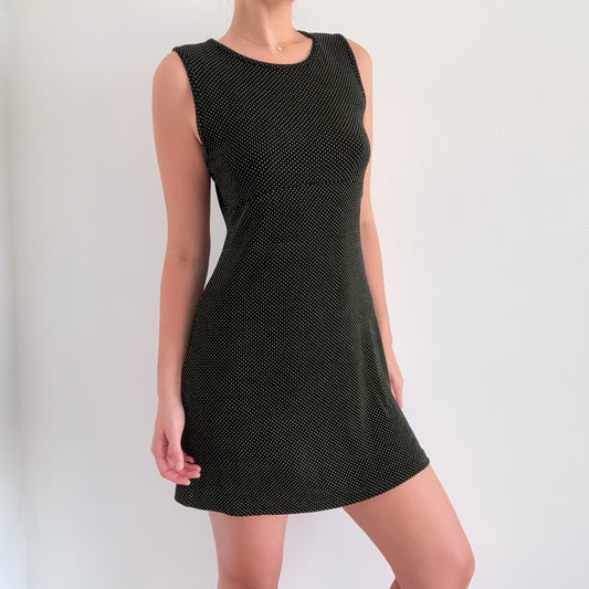 90's Black Polka Dot Slinky Mini Dress / SZ M-L
