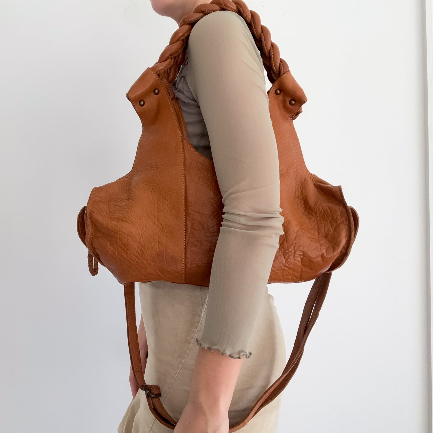 Y2K Brown Leather Braided Handbag