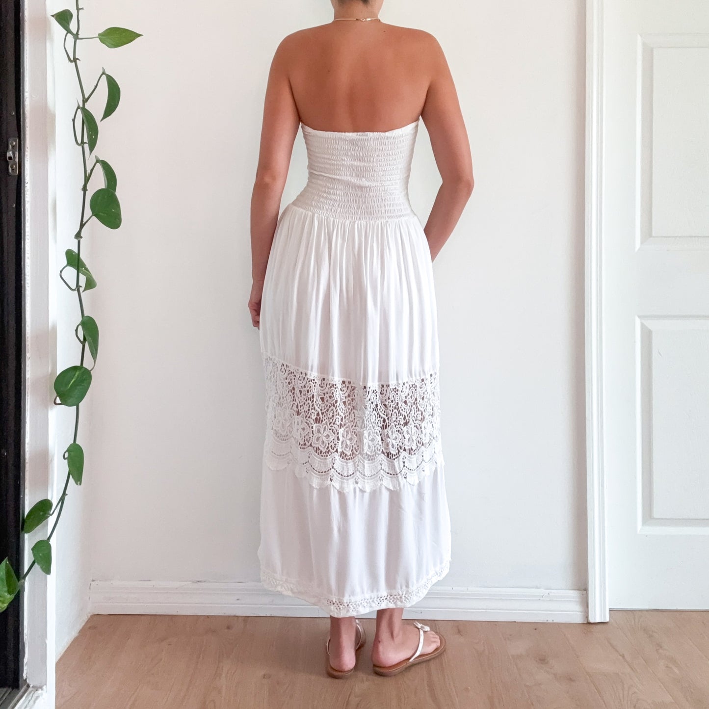 Y2K White Smocked Lace Maxi Sundress / SZ M