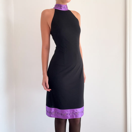 90's Black & Purple Embroidered Midi Dress / SZ 6-8