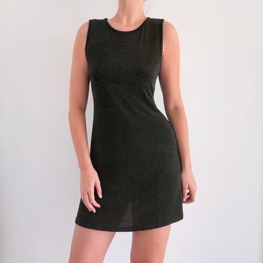 90's Black Polka Dot Slinky Mini Dress / SZ M-L