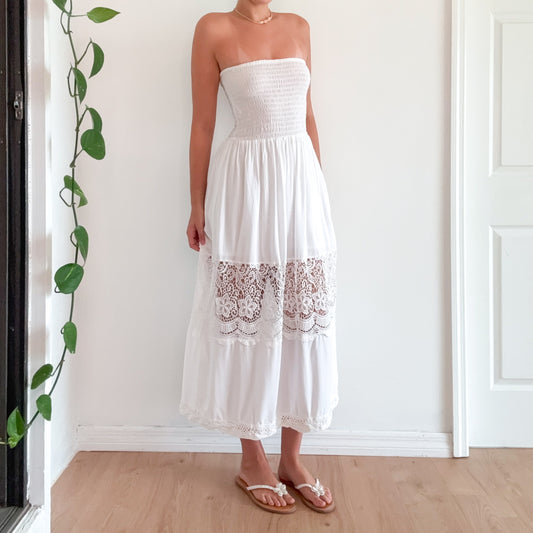 Y2K White Smocked Lace Maxi Sundress / SZ M