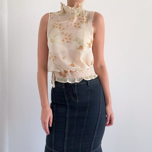 Y2K Cream Floral High Neck Blouse / SZ S