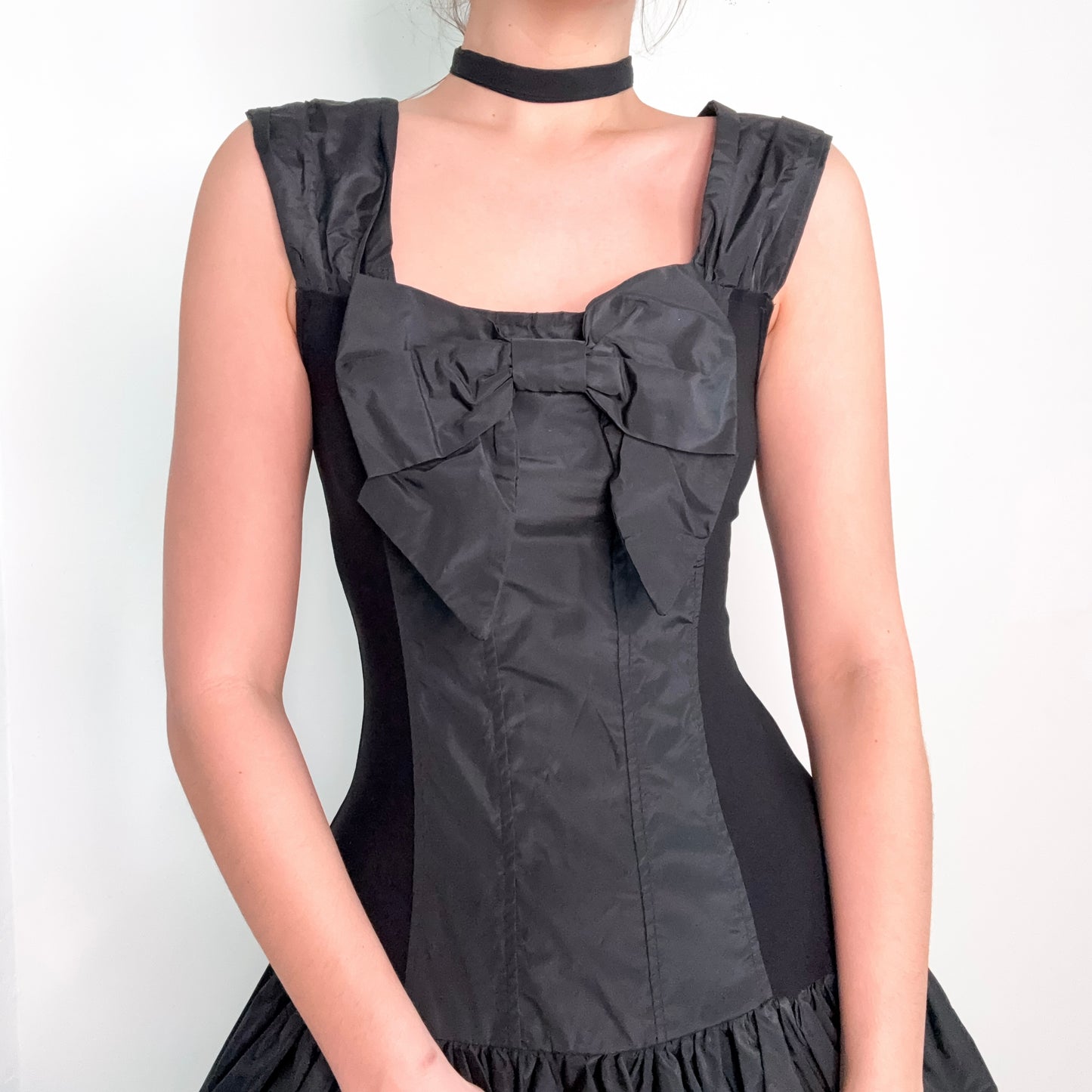 90's Italian Black Bow Tulle Dress / SZ M