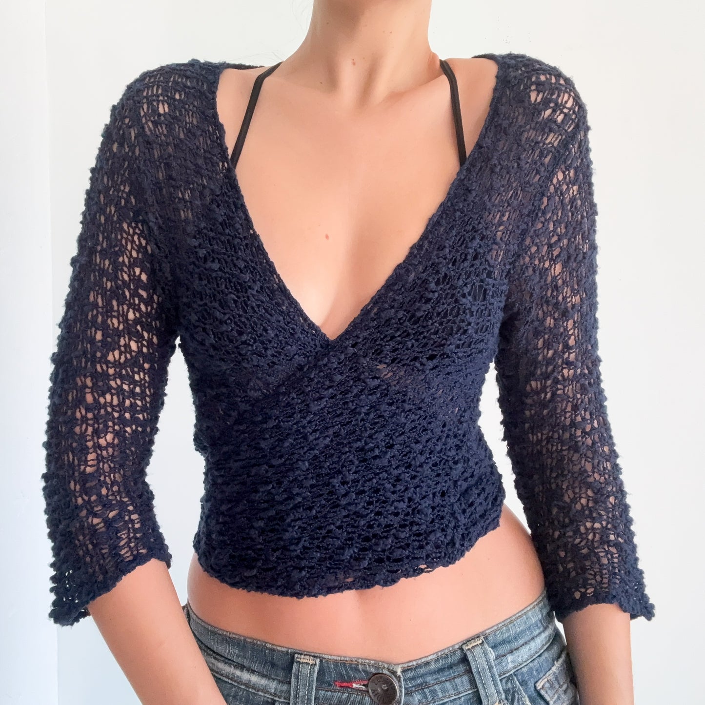 Y2K Navy Knitted Wrap Tie Top / One Size