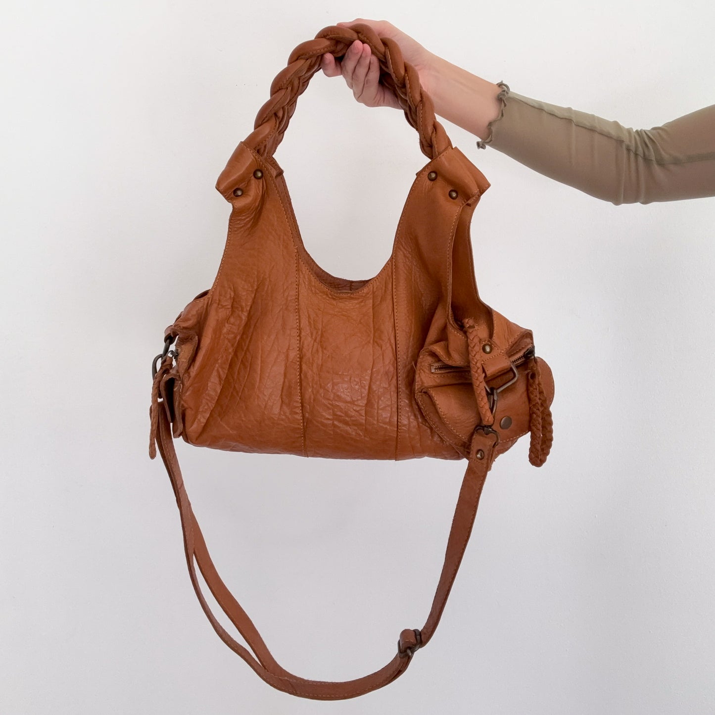 Y2K Brown Leather Braided Handbag