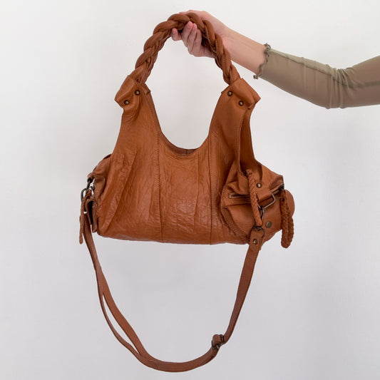 Y2K Brown Leather Braided Handbag