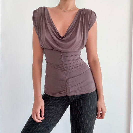 Y2K Bebe Brown Taupe Draped Top / SZ S