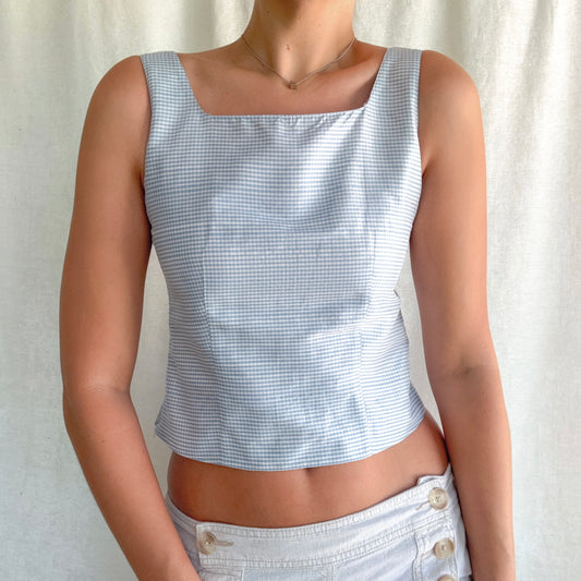 90's Blue Gingham Silky Top / SZ S