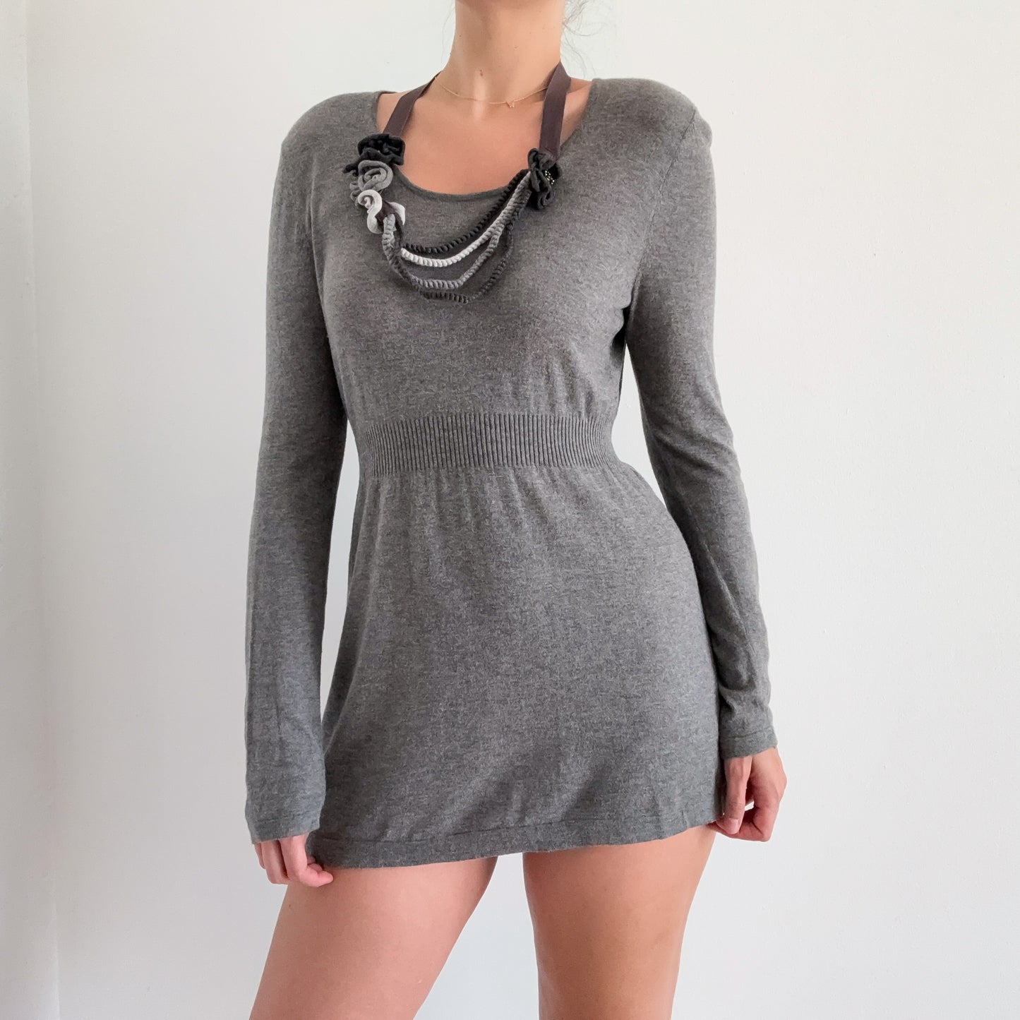 Y2K Grey Knit Rosette Babydoll Mini Dress / SZ M