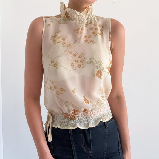 Y2K Cream Floral High Neck Blouse / SZ S