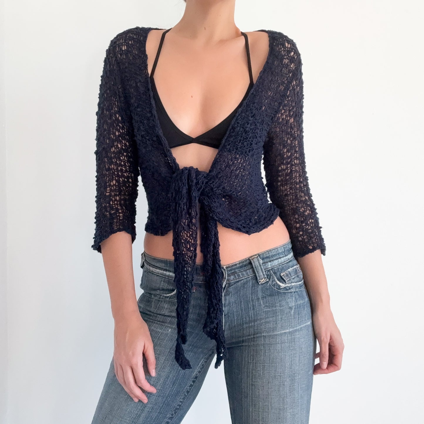 Y2K Navy Knitted Wrap Tie Top / One Size