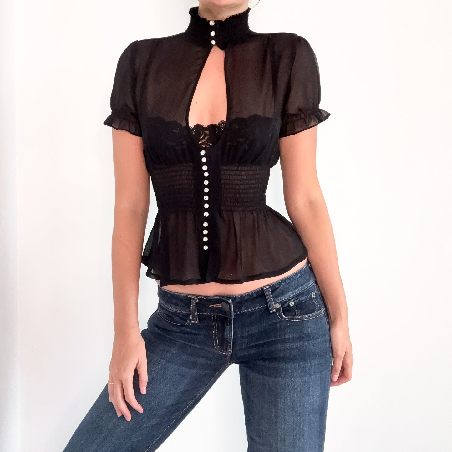 Y2K Black Sheer Diamond Button Blouse / SZ S-M