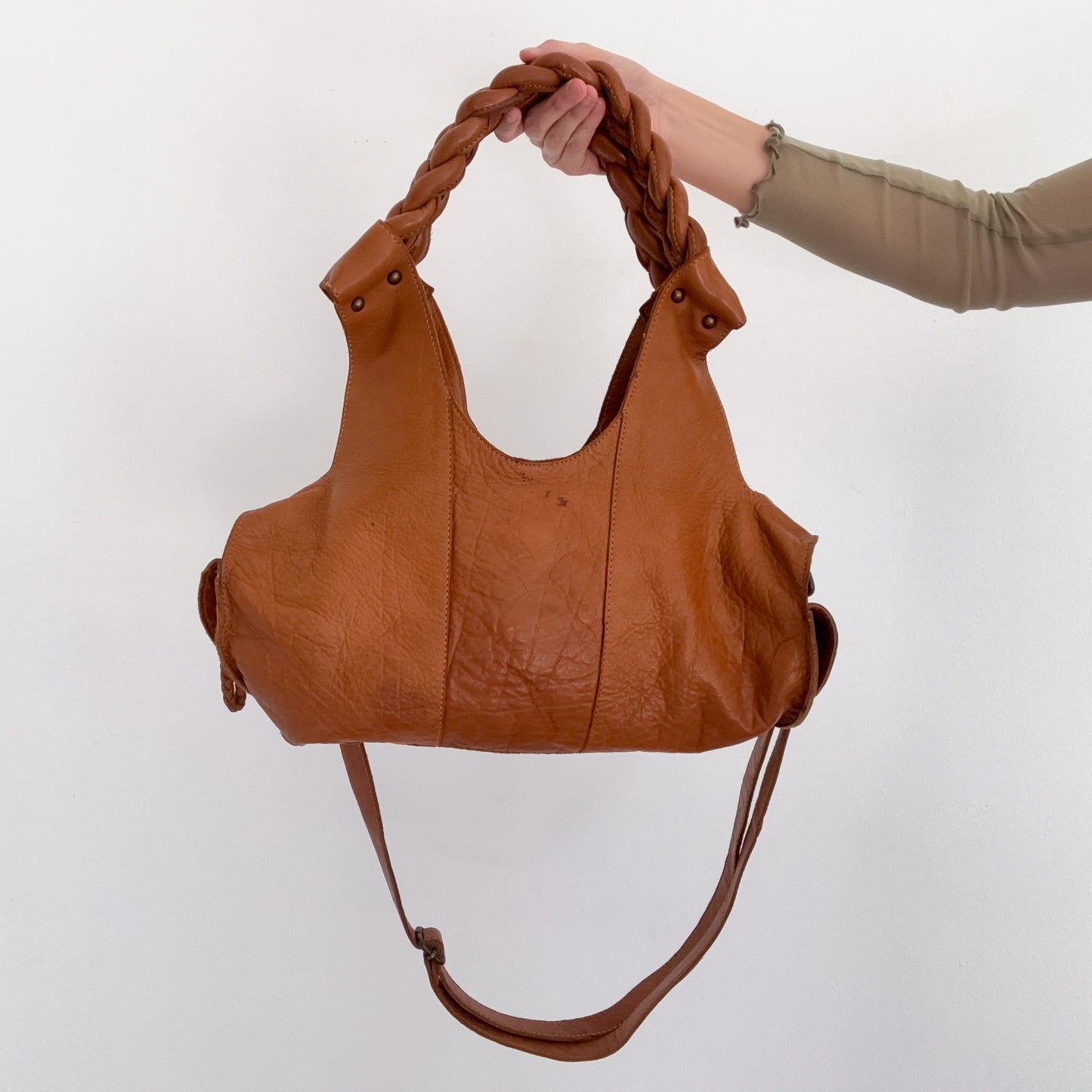 Y2K Brown Leather Braided Handbag