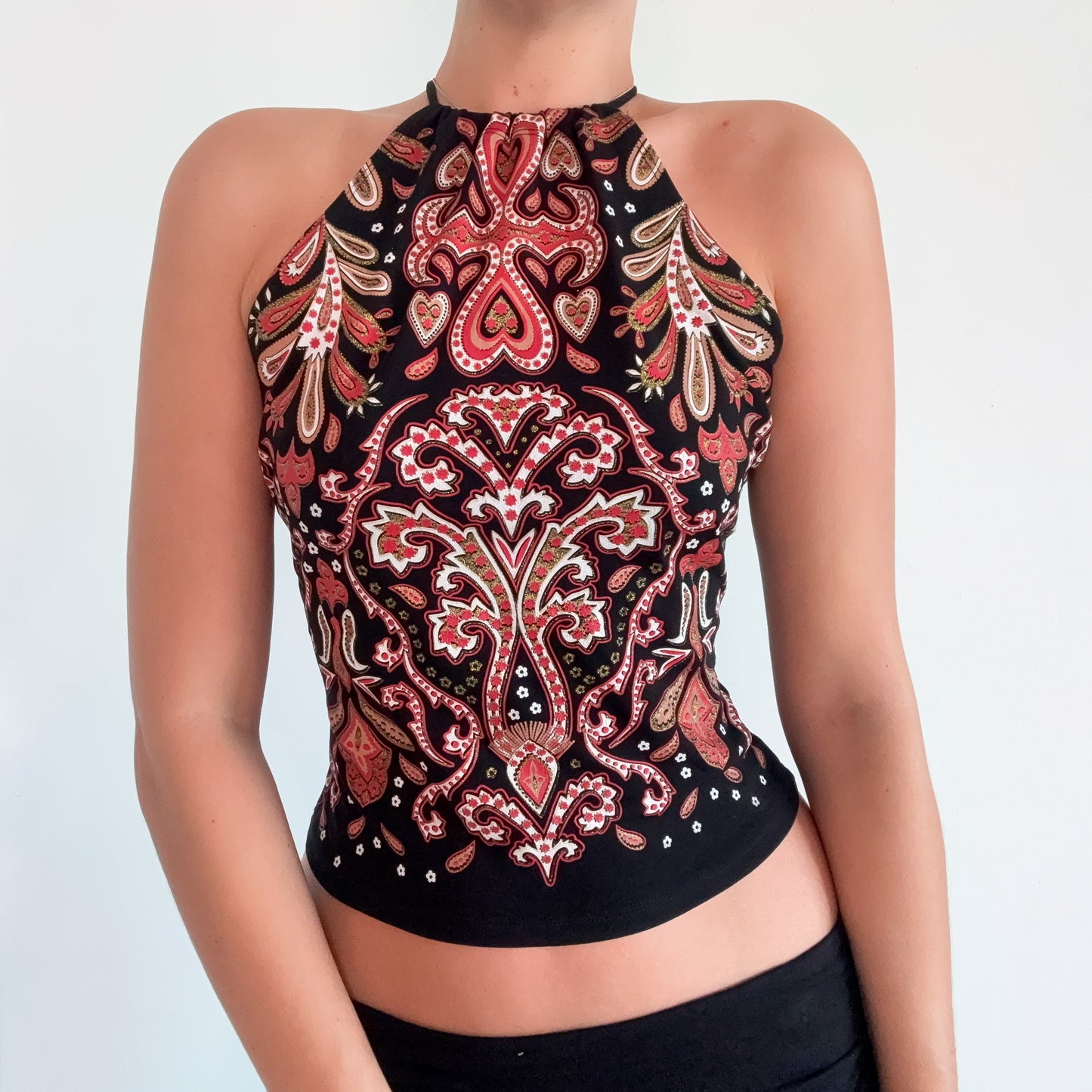 90's Black & Orange Glitter Paisley Top / SZ M