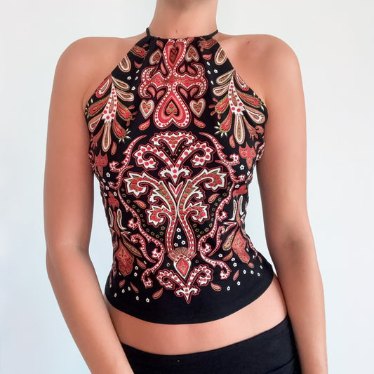 90's Black & Orange Glitter Paisley Top / SZ M