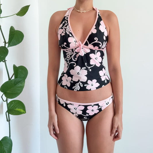 Y2K Black & Baby Pink Tropical Tankini / SZ M/L