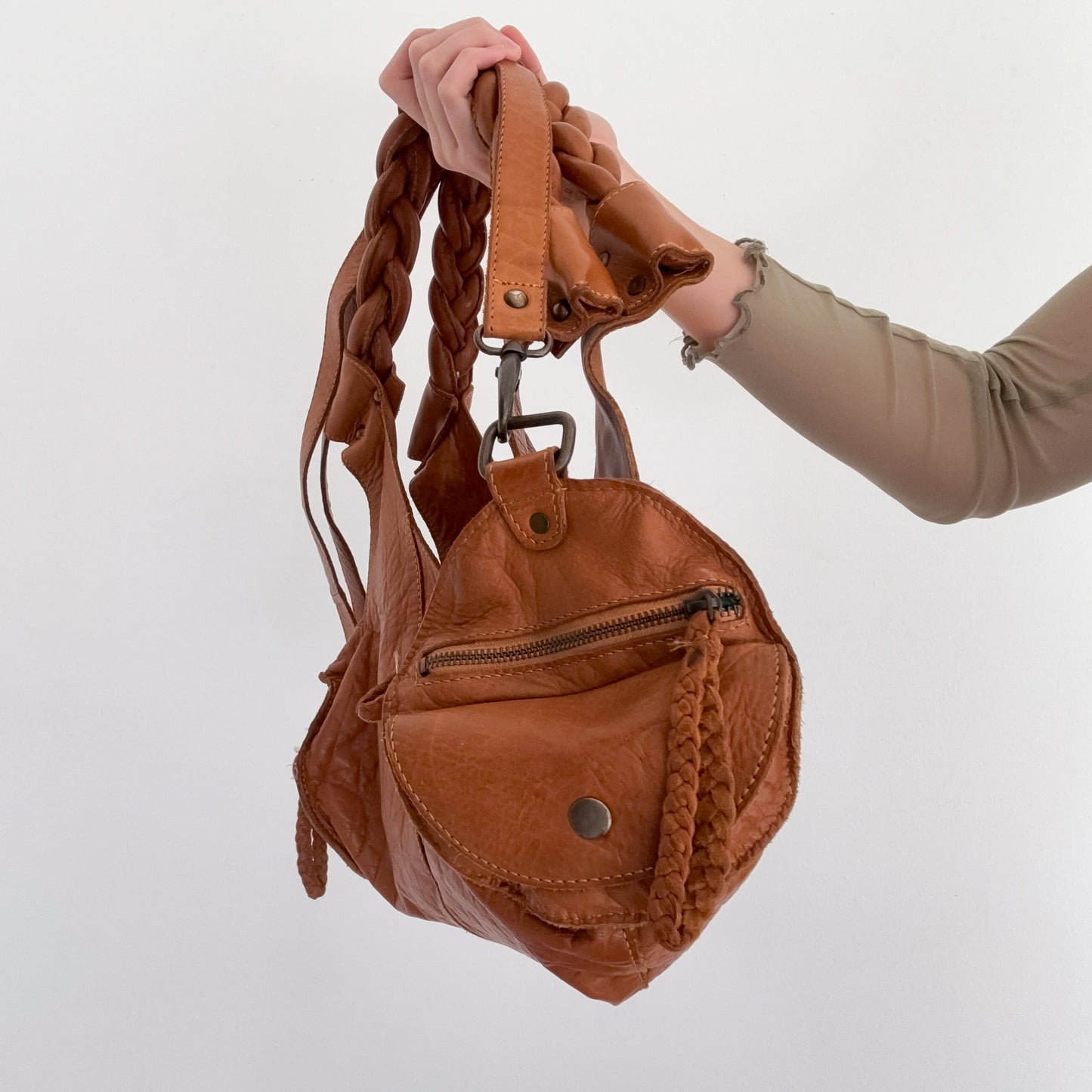 Y2K Brown Leather Braided Handbag