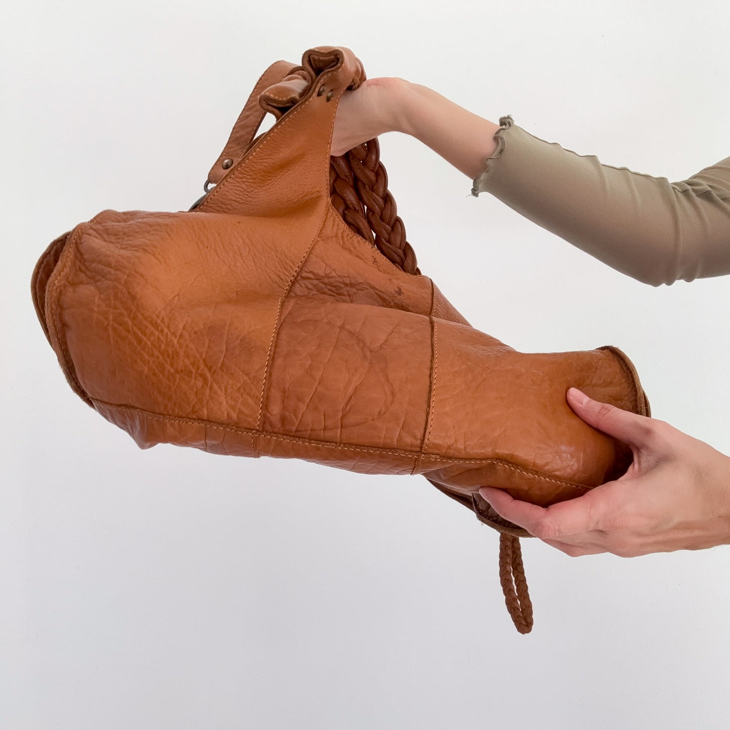 Y2K Brown Leather Braided Handbag