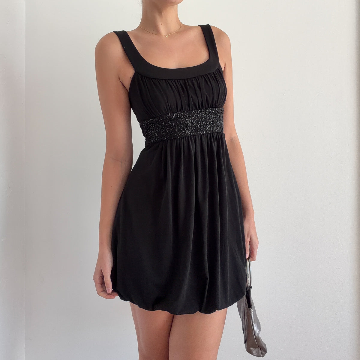 Y2K Black Beaded Mini Bubble Dress / SZ S/M