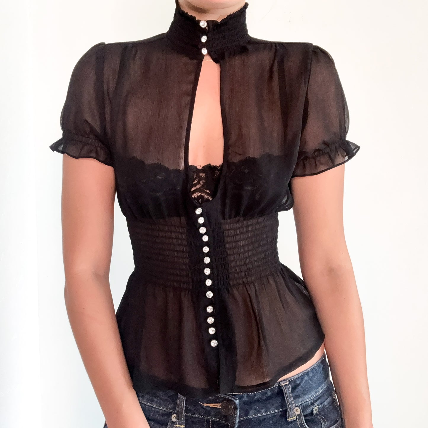 Y2K Black Sheer Diamond Button Blouse / SZ S-M