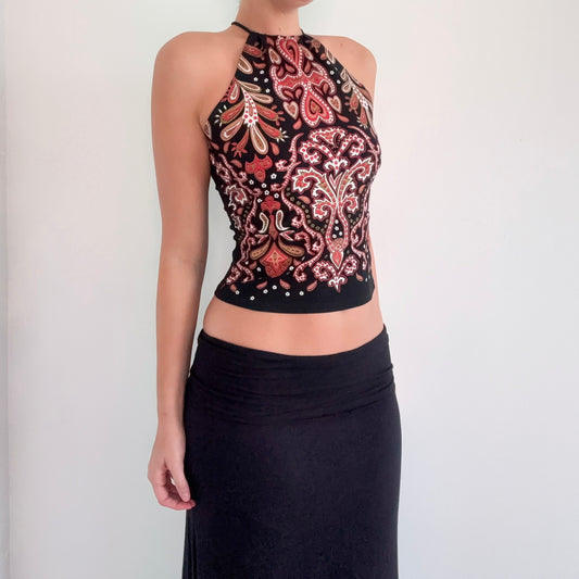 90's Black & Orange Glitter Paisley Top / SZ M