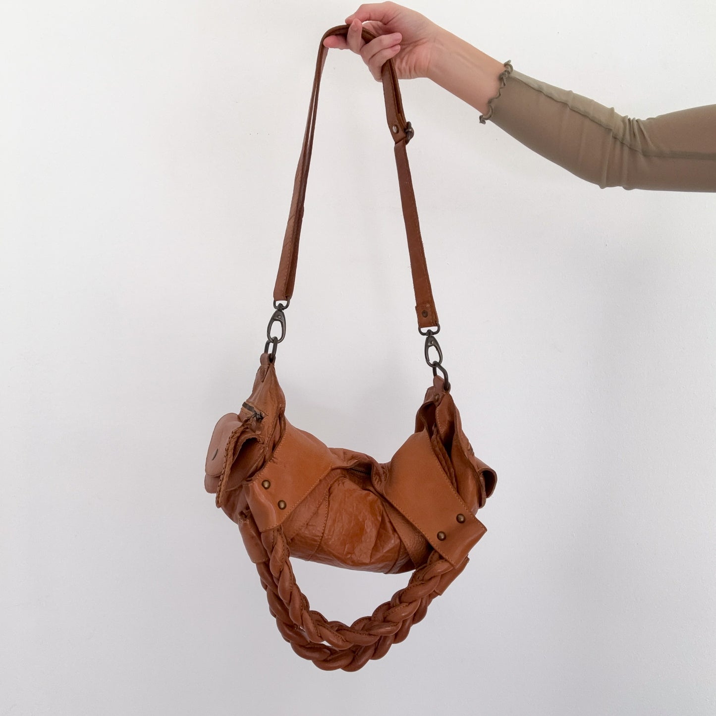 Y2K Brown Leather Braided Handbag