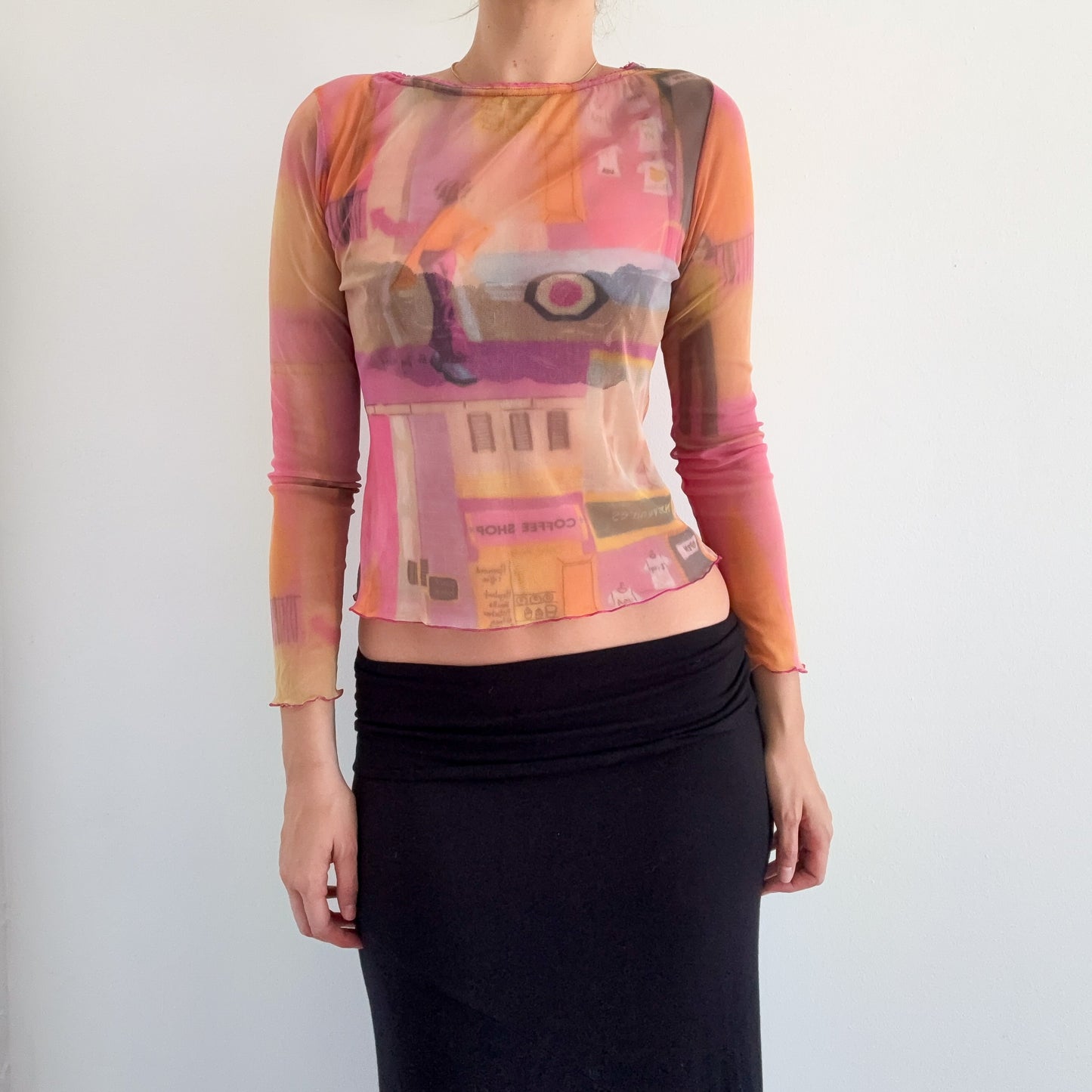 Y2K French Pink & Orange Printed Mesh Top / SZ M
