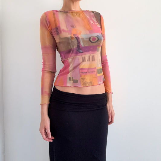 Y2K French Pink & Orange Printed Mesh Top / SZ M