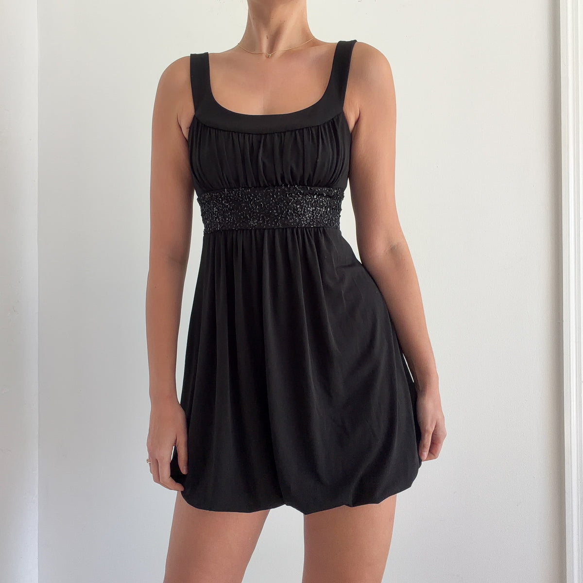 Y2K Black Beaded Mini Bubble Dress / SZ S/M