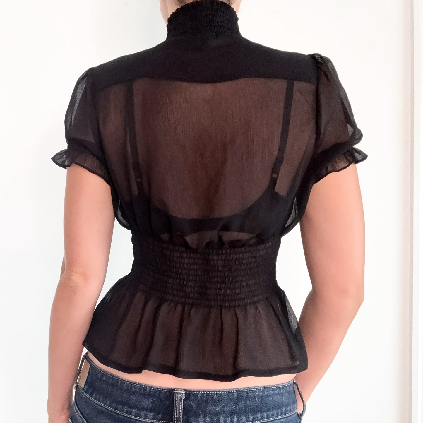 Y2K Black Sheer Diamond Button Blouse / SZ S-M