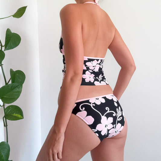 Y2K Black & Baby Pink Tropical Tankini / SZ M/L