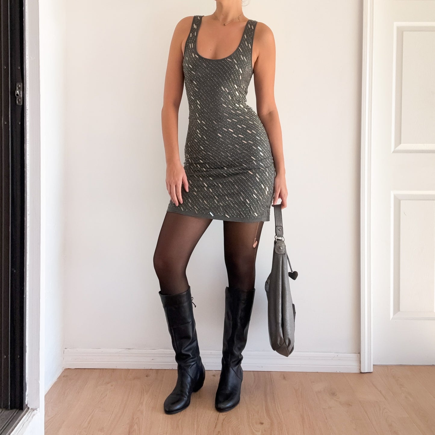 Y2K Grey Modal Beaded Mini Dress / SZ S-M