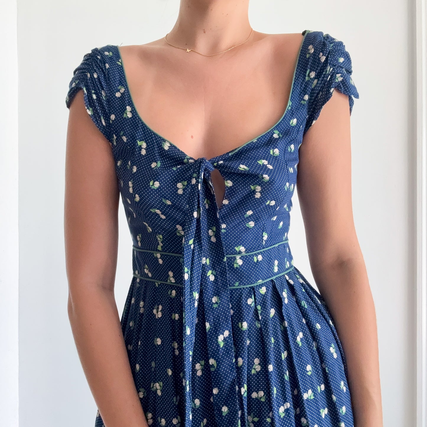 2010's Blue & Green Polka Dot Floral Dress / SZ S