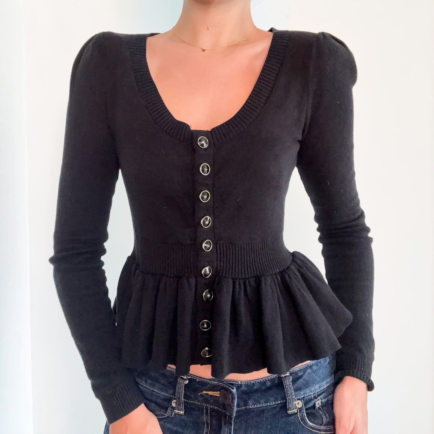 Y2K Betsey Johnson Black Knit Peplum Cardigan / SZ M