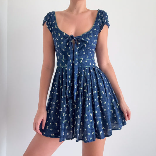 2010's Blue & Green Polka Dot Floral Dress / SZ S