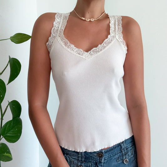 Y2K White Cotton Ribbed Lace Tank / SZ M
