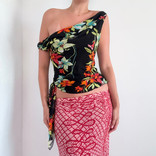 Y2K Cache Black Tropical Silk Floral Top / SZ M