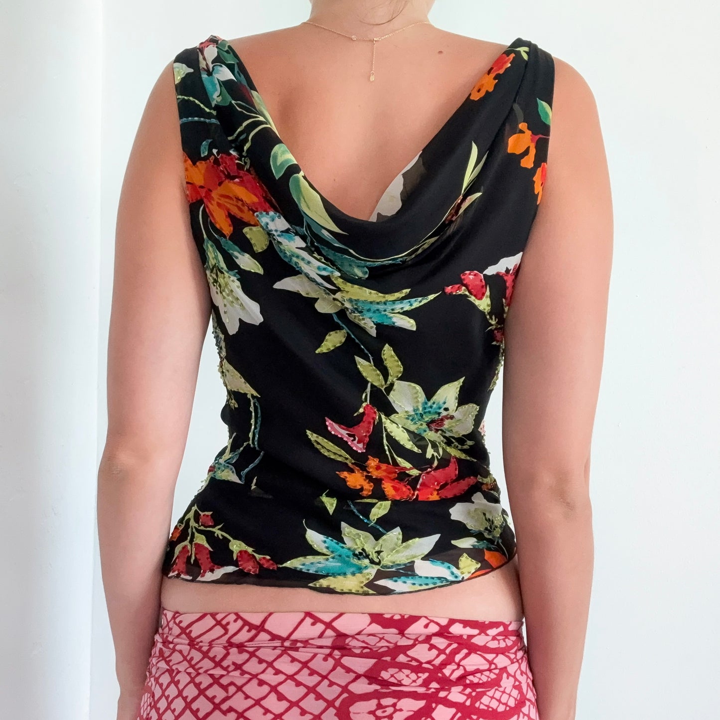 Y2K Cache Black Tropical Silk Floral Top / SZ M