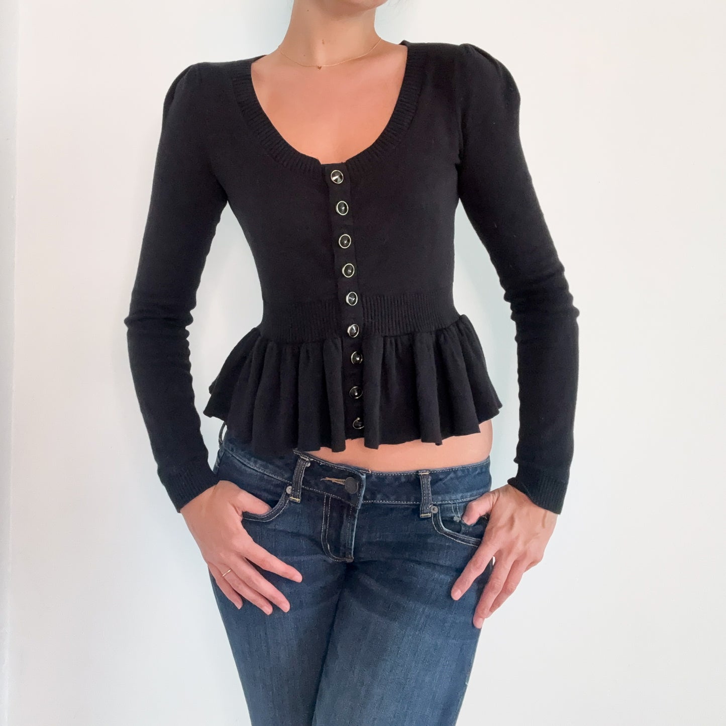 Y2K Betsey Johnson Black Knit Peplum Cardigan / SZ M