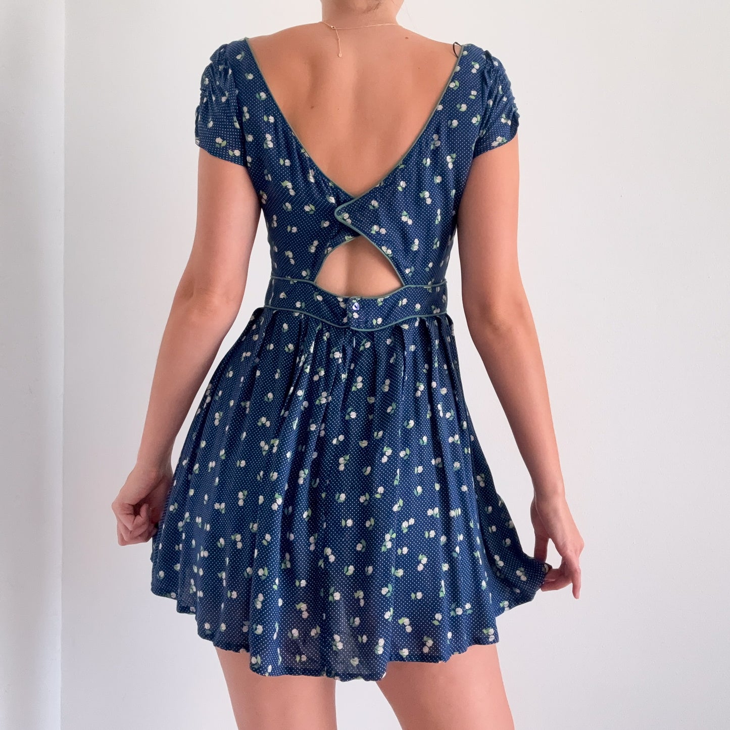 2010's Blue & Green Polka Dot Floral Dress / SZ S
