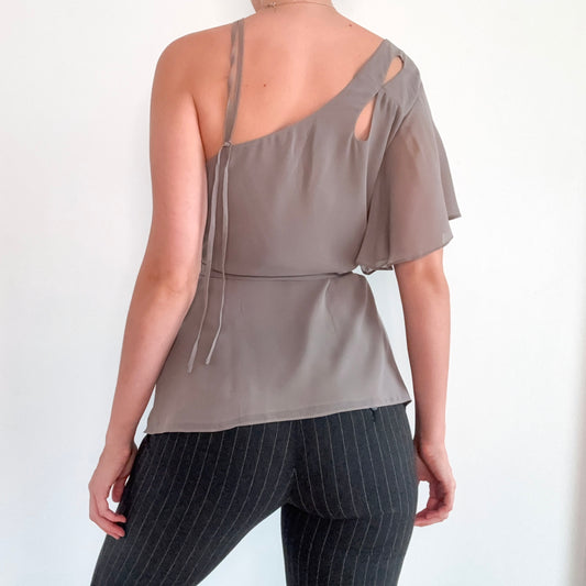 Y2K Bebe Grey Chiffon One Shoulder Top / SZ M