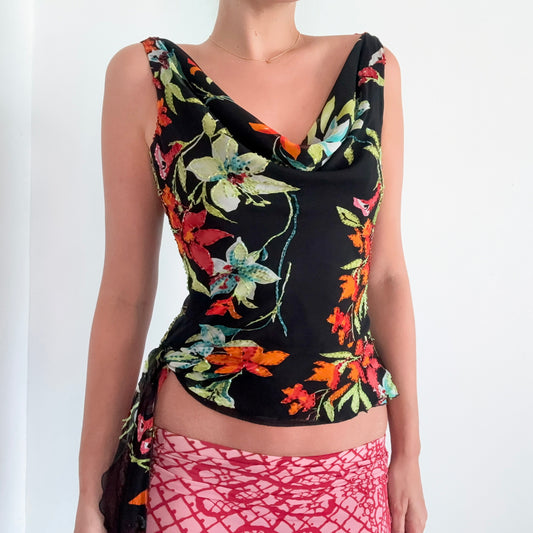 Y2K Cache Black Tropical Silk Floral Top / SZ M