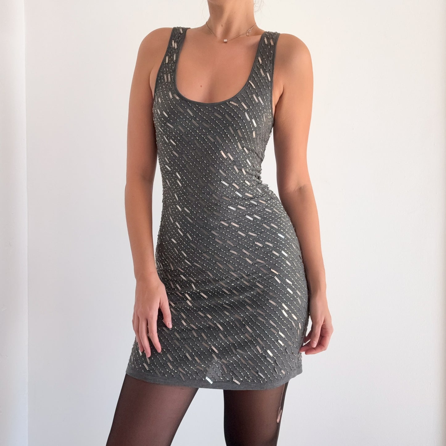 Y2K Grey Modal Beaded Mini Dress / SZ S-M