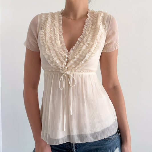 Y2K J.Crew Cream Silk Ruffle Blouse / SZ 0/2