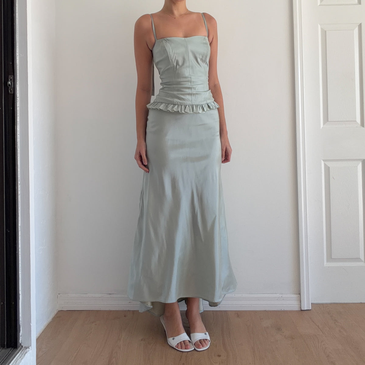 90's Sky Blue Taffeta Ruffle Evening Dress / SZ 2