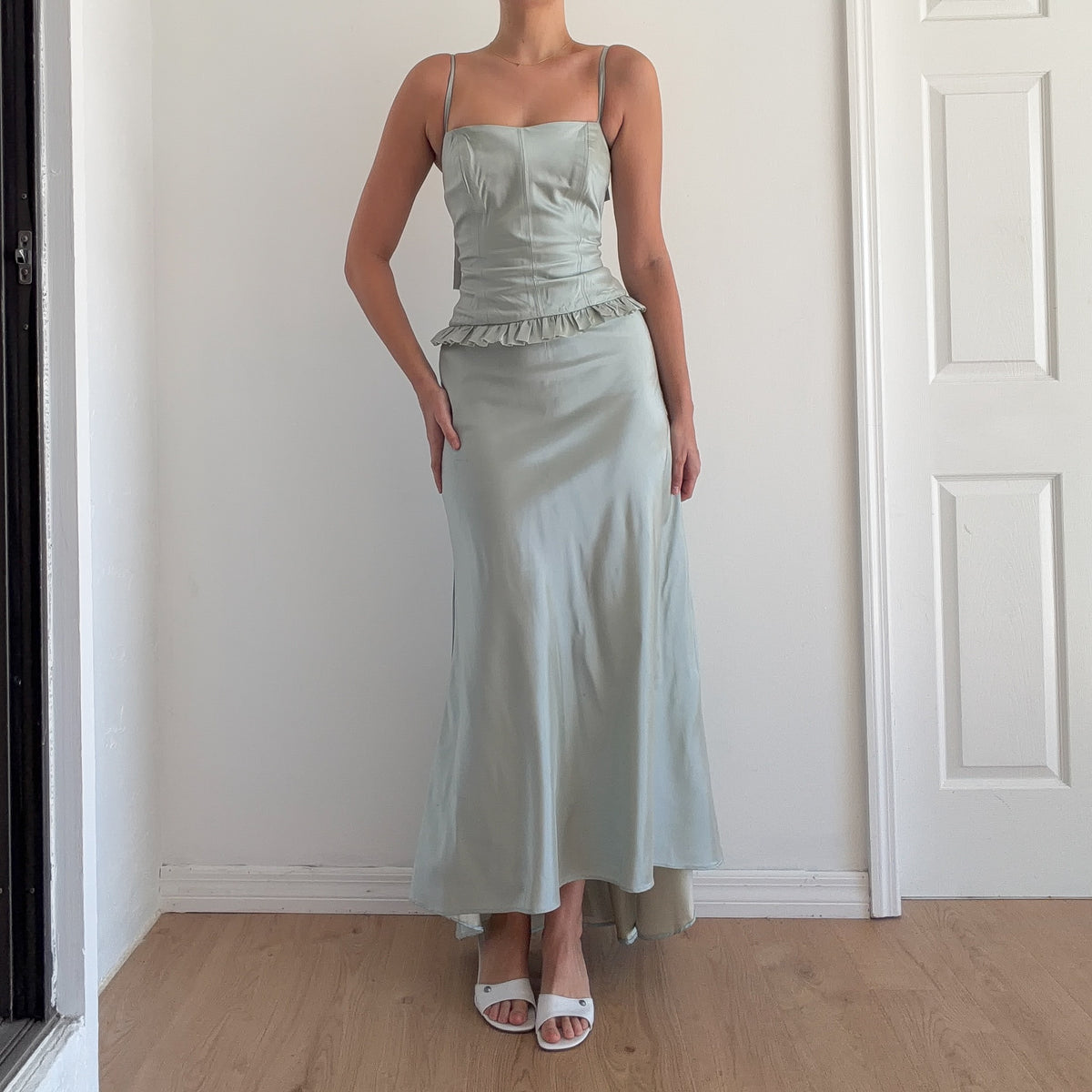90's Sky Blue Taffeta Ruffle Evening Dress / SZ 2