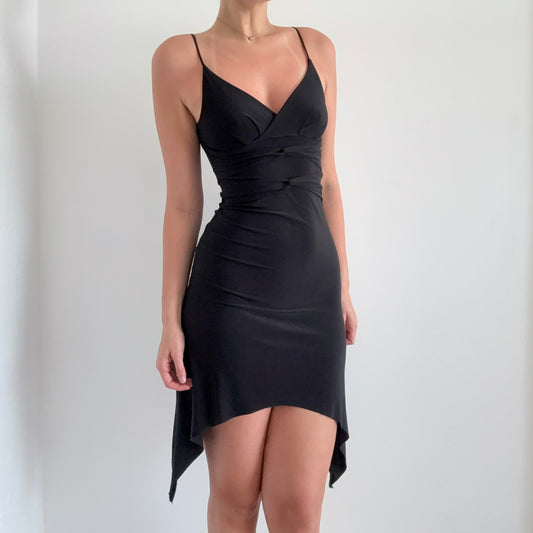 Y2K Black Twist Asymmetric Midi Dress / SZ XS-S