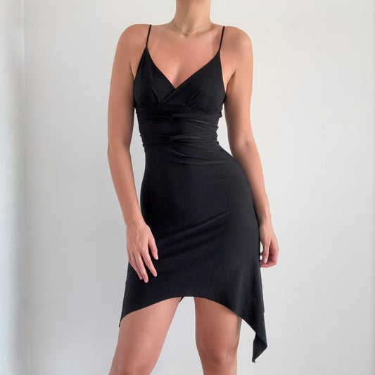 Y2K Black Twist Asymmetric Midi Dress / SZ XS-S