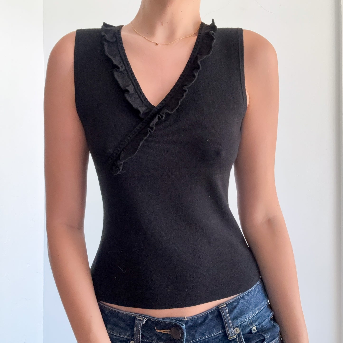 Y2K Black Knit Ruffle Wrap Style Top / SZ S